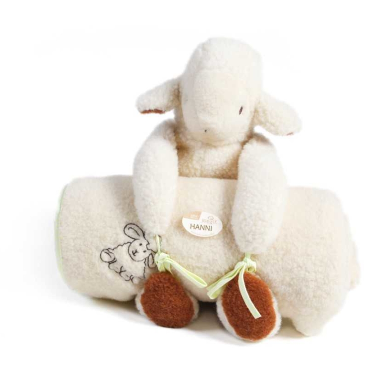 Schaf Hanni aus Baumwoll-Wollflor mit Kuscheldecke